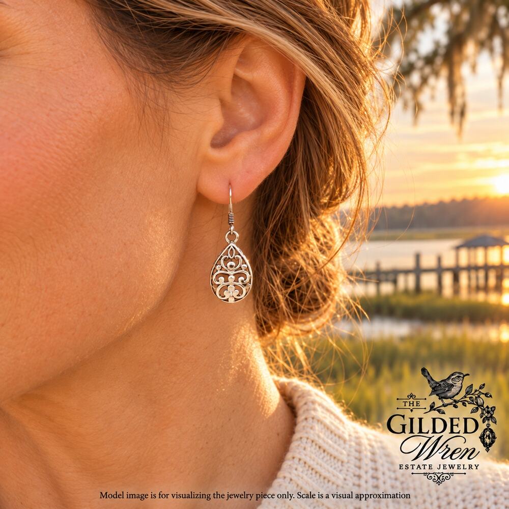 Silver Tone Filigree Teardrop Dangle Earrings Openwork Scroll Fishhook 2.5g